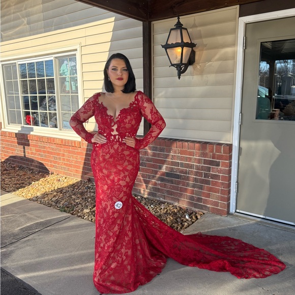 Tarik Ediz Dresses & Skirts - Tarik Ediz Red Lace Long-Sleeve Mermaid Gown